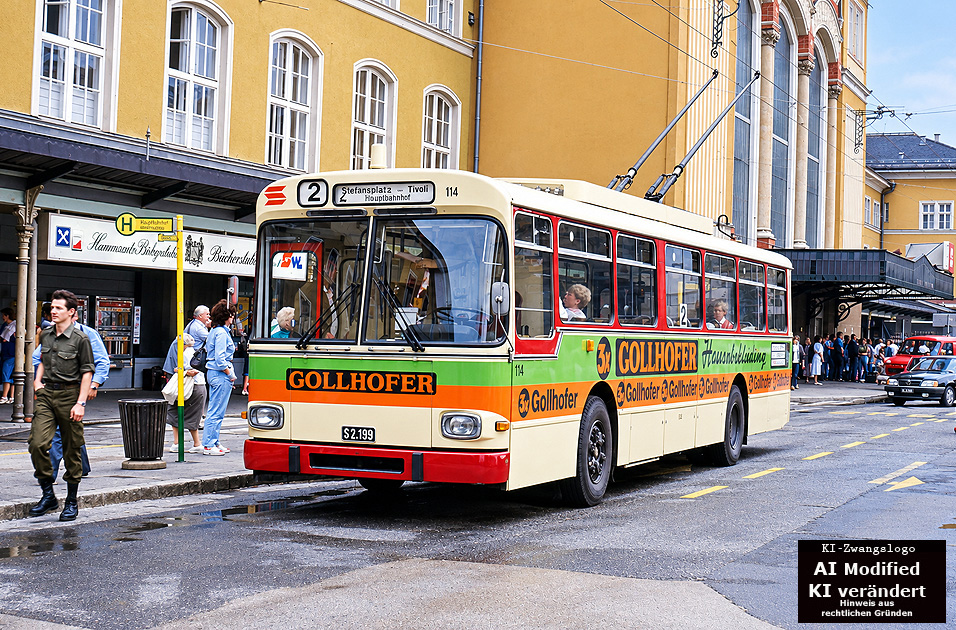 Elektromobilit&auml;t in Salzburg: Der Obus in Salzburg an der Haltestelle Hauptbahnhof - Gr&auml;f & Stift OE 110/54/A Solowagen