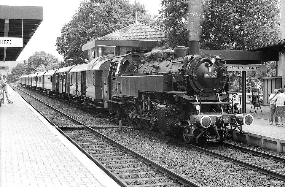 Die 86 457 mit einem Sonderzug nach Nürnberg Hbf im Bahnhof Hersbruck rechts der Pegnitz