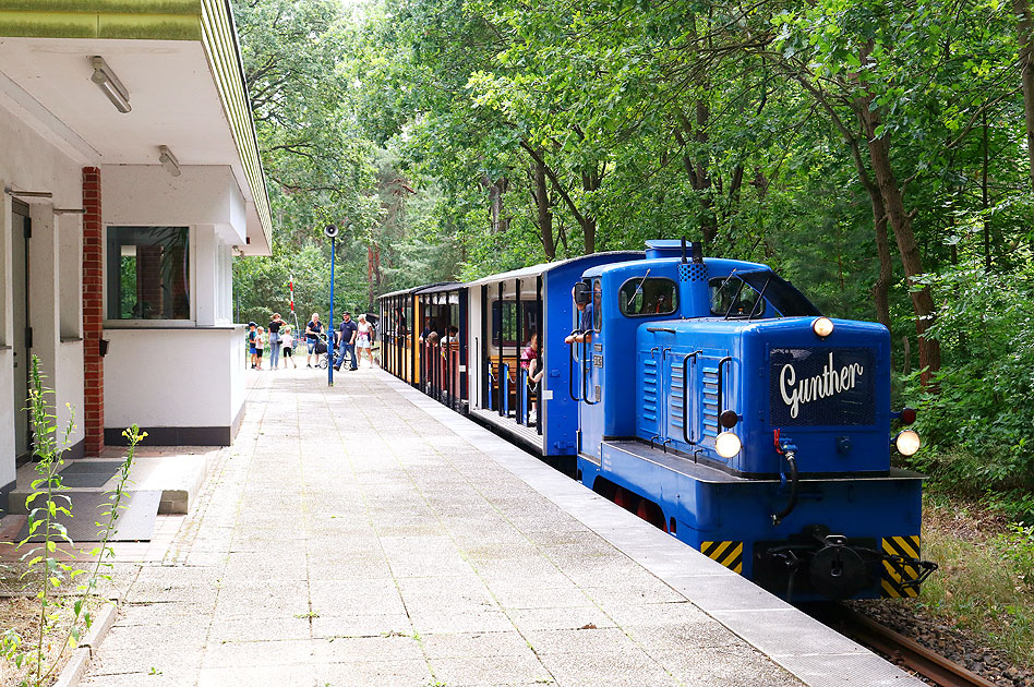 Die Lok Gunther der Berliner Parkeisenbahn im Bahnhof Eichgestell