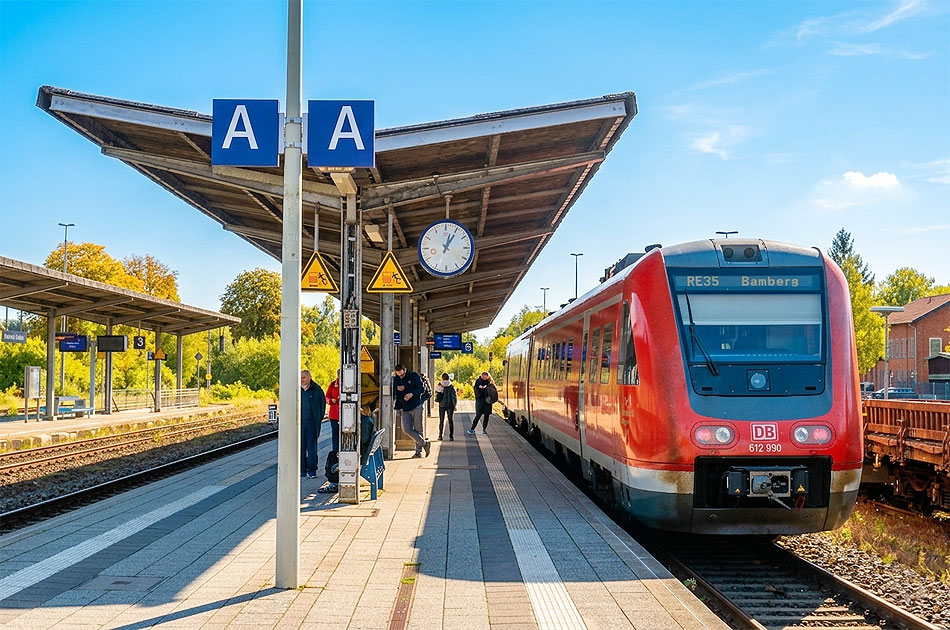 Ein Triebwagen der Baureihe 612 im Bahnhof Neuenmarkt-Wirsberg