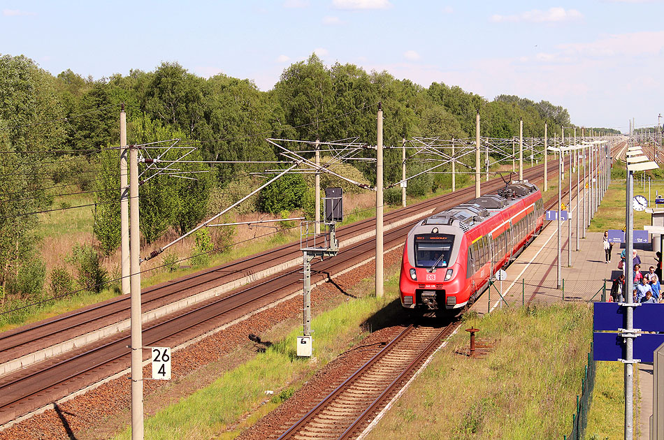 Ein Triebzug der Baureihe 442 im Bahnhof Elstal