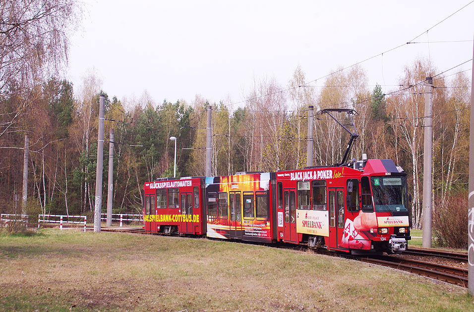Die Straßenbahn in Cottbus an der Haltestelle Neu Schmellwitz