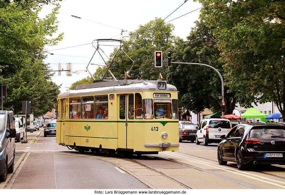Die Straßenbahn in Magdeburg Gotha-Wagen 413 vor dem Depot Sudenburg