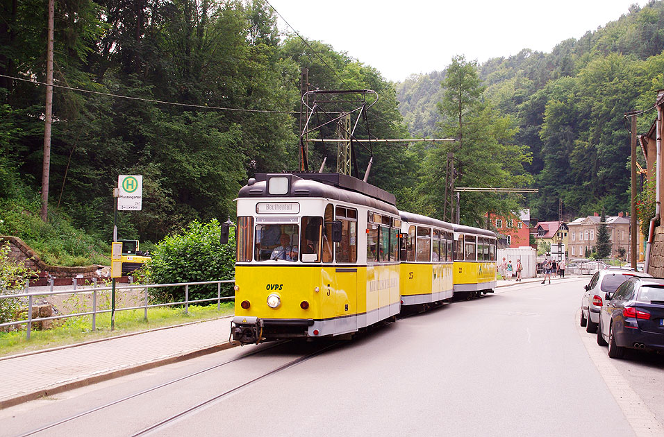 Die Haltestelle Pflanzengarten der Kirnitzschtalbahn in Bad Schandau