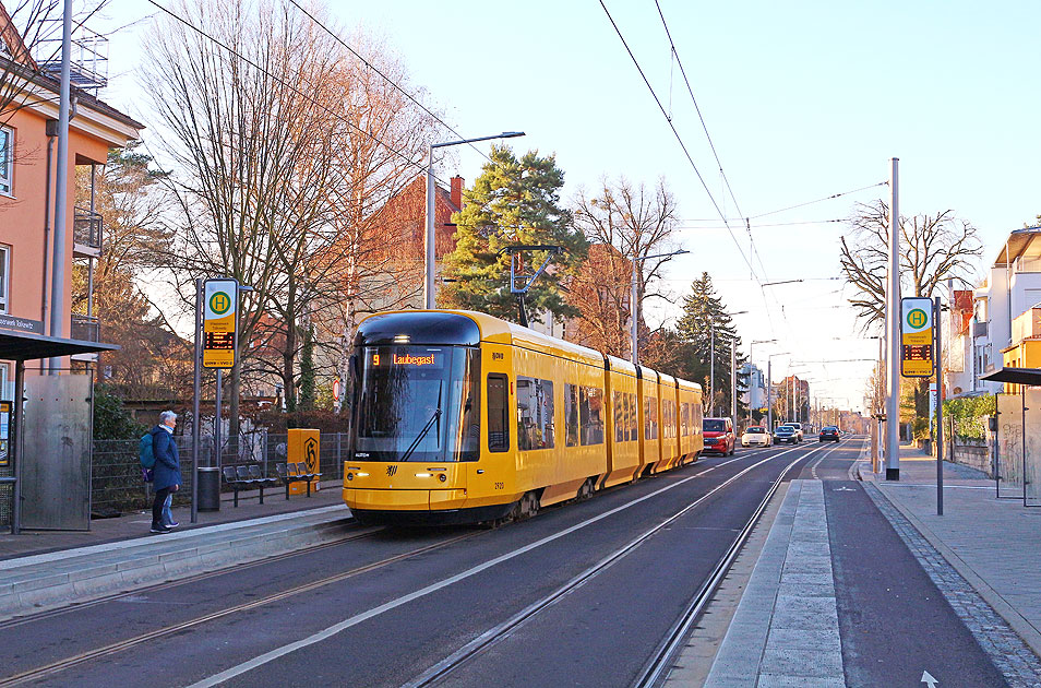 Die Stra&szlig;enbahn in Dresden an der Haltestelle Wasserwerk Tolkewitz