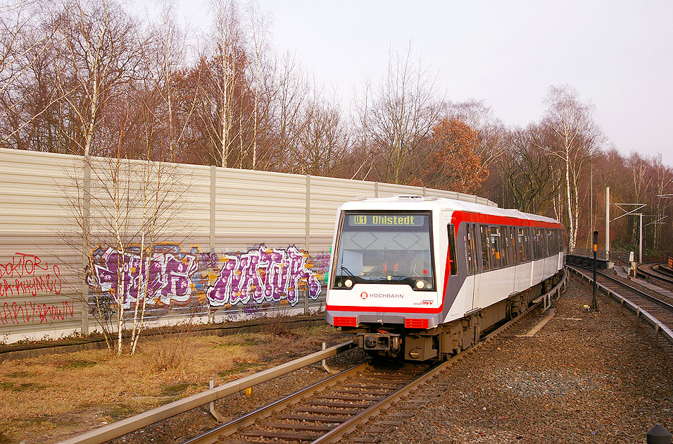 Eine U-Bahn an der Haltestelle Sengelmannstraße in Hamburg