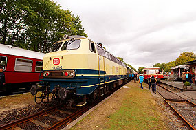 Die 218 003-2 im Bahnhof Deinste mit einem Sonderzug nach Stade