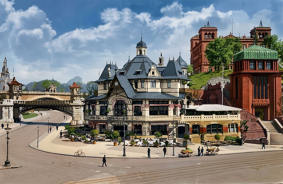 Das F&auml;hrhaus, die Seewarte und der Bahnhof an den St. Pauli Landungsbr&uuml;cken in Hamburg